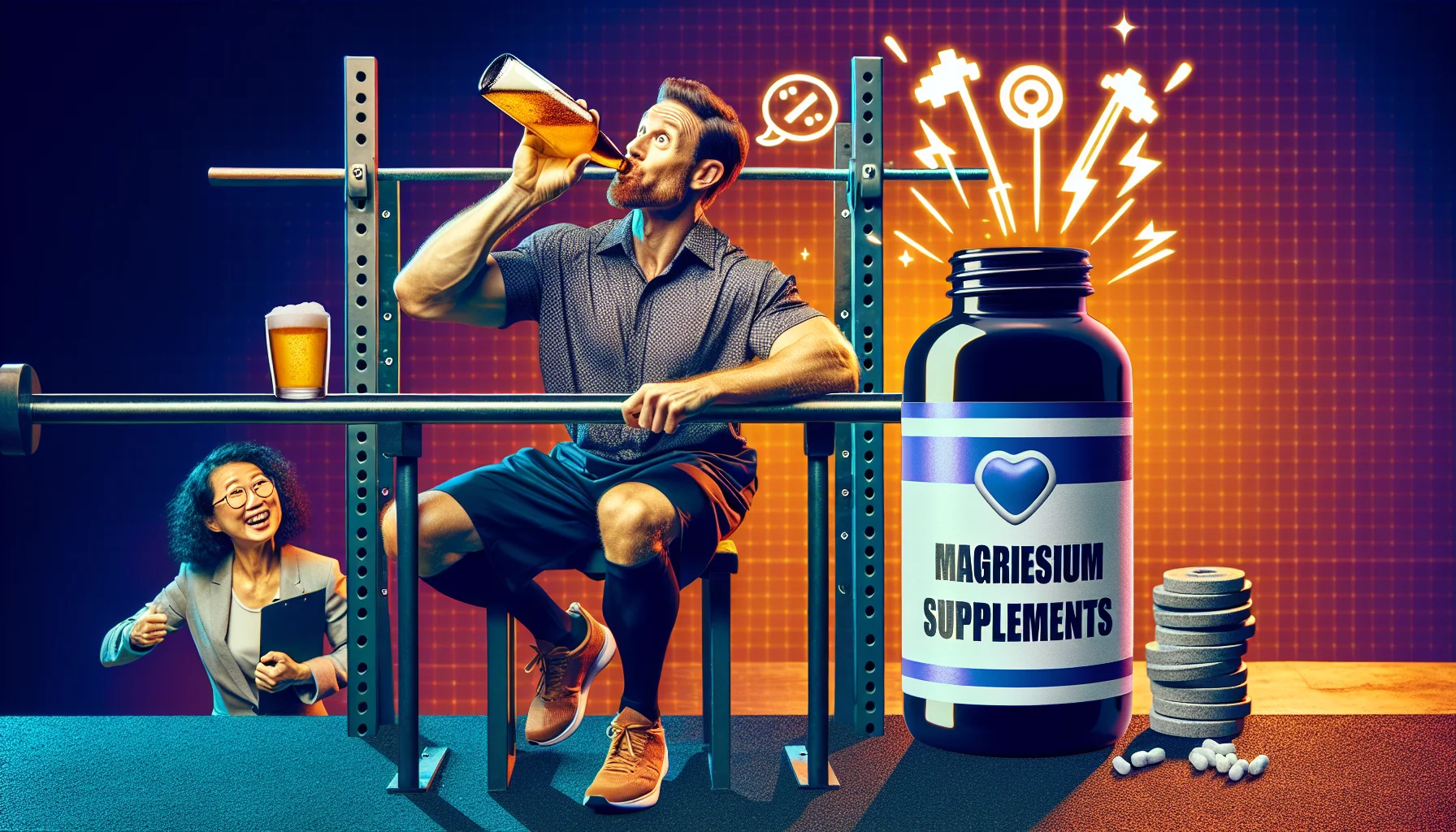 Create an amusing scenario in a sports setting showing a person consuming alcohol and then taking magnesium supplements. The person is a Caucasian male athlete in his mid-30s with a fit physique and is wearing typical gym attire. He sits at a bar designed to look like a squat rack and sips a beer, while his other hand holds a bottle of magnesium supplements. Nearby, a coach, an Asian female, seems to have a humorous reaction to the peculiar scene. For added effect, include exaggerated symbols such as 'energy boost' or 'muscle strength' coming from the magnesium bottle to make the scenario more lighthearted and amusing.