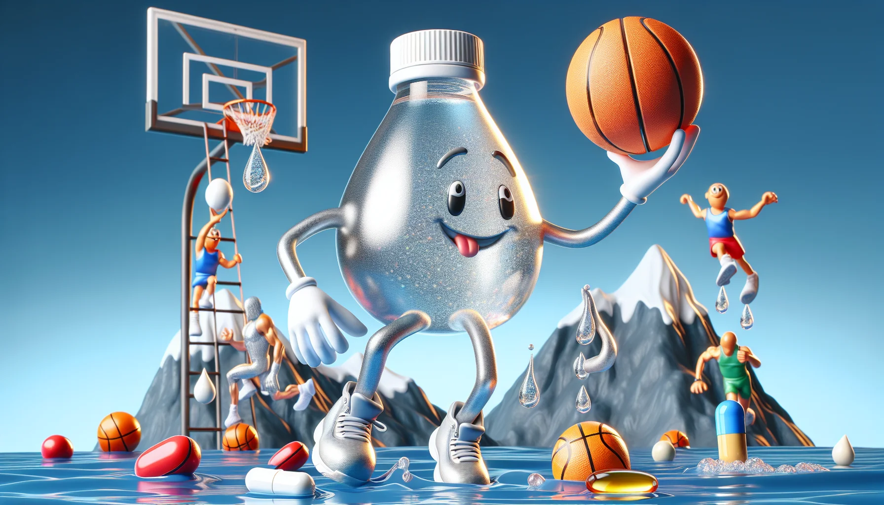 Create a whimsical scenario featuring liquid magnesium glycinate personified as a friendly, athletic character. This character, appearing as a shimmering, silver liquid, is showing off its flexibility in a variety of sports. It's seen easily dribbling a basketball around other less nimble supplement bottles in a park. Meanwhile, it's also effortlessly scaling a mountain, symbolizing rock climbing, while tablets and capsules are struggling halfway. To top it all, it's also diving into a clear pool, symbolizing swimming, leaving behind a glistening trail of bubbles. This dynamic, humorous scene should entice viewers about the benefits of using sports supplements.