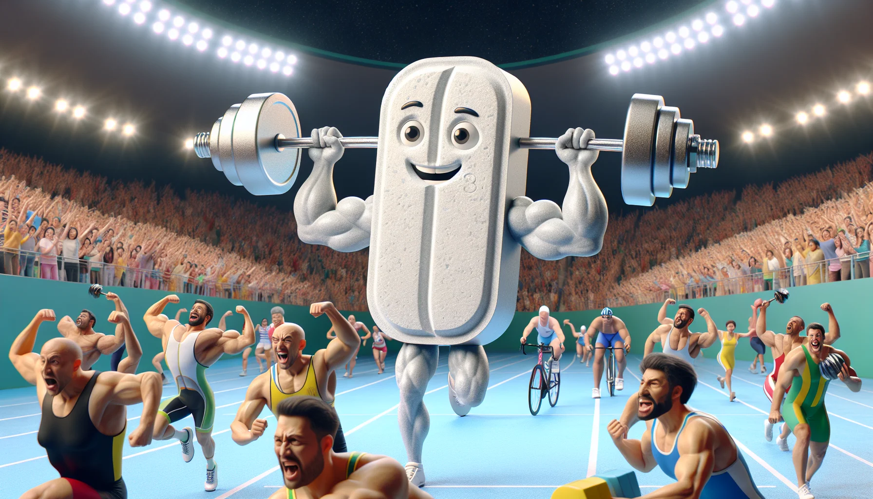 Craft a hyper-realistic portrayal of an anthropomorphic magnesium tablet humorously engaging in various sports activities. The tablet is complete with muscular arms and legs and a charming face. It is doing weightlifting, running, swimming, and cycling, mimicking a triathlon. This image has a bright and lively color scheme to attract attention. Background spectators, a mixed crowd of men and women of Asian, Caucasian, Black, Hispanic, Middle-Eastern, and South Asian descent, are cheering wildly, overwhelmed with excitement. The setting is an elaborate sports stadium, complete with bright lights and a grand audience.