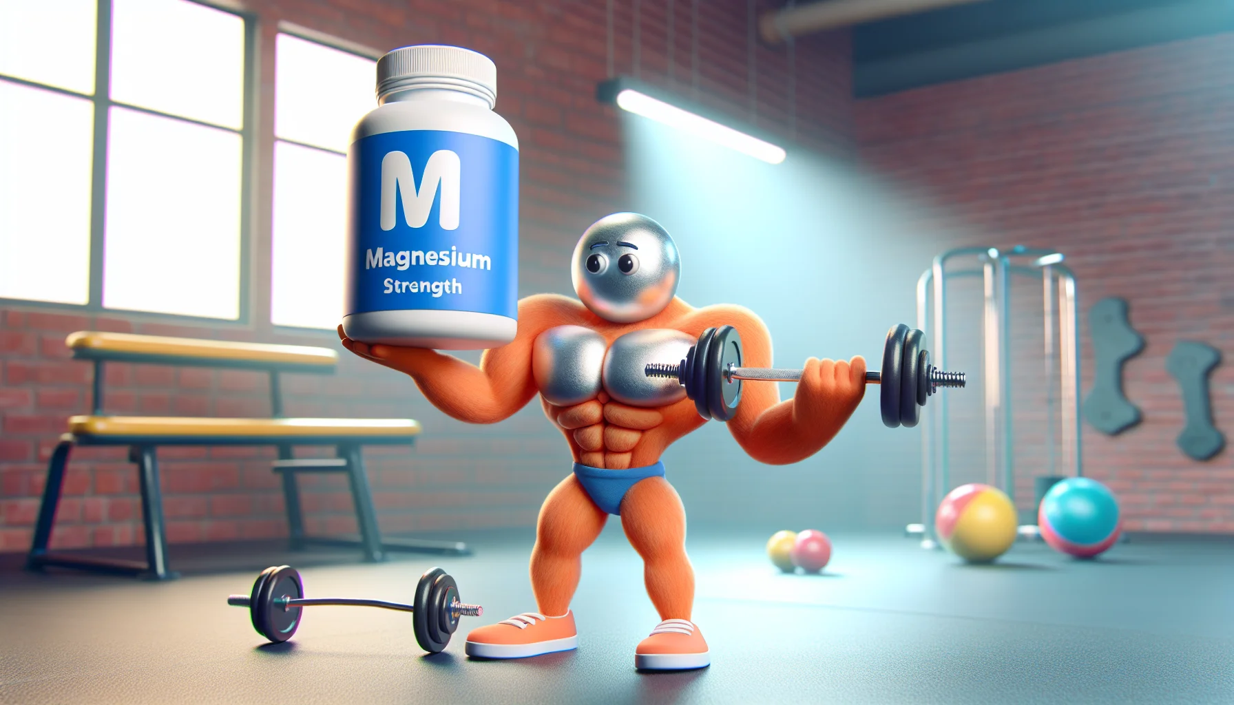 Create a whimsical image that showcases the element magnesium as a playful, humanoid character! Give the character muscular physique to indicate that it's associated with sports and physical activity. The character should be proudly presenting a bottle of magnesium supplements labelled as 'Sporty Strength', enticing the viewers to try them out. The scenario could be set in a colorful gym, where our magnesium character is lifting weights with one hand while holding the supplement bottle in the other. Make sure the overall tone is lighthearted and engaging, meant to boost the viewers' interest in sports supplements.