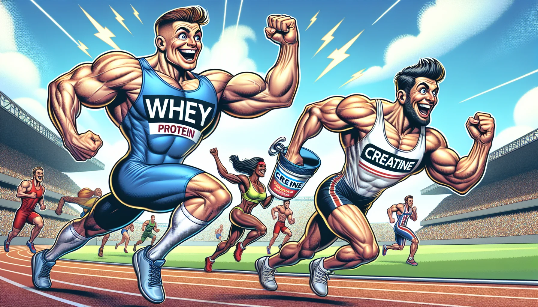 Generate a humorous and vibrant image showcasing whey protein and creatine. Picture them as lively, personified characters enjoying a competitive sports scene. The whey protein character, a strapping male with Caucasian descent in a running suit, is sprinting enthusiastically towards the finish line. The creatine character, a muscled female with Hispanic descent in a weightlifting outfit, is astonishing other characters with her strength and grit. They are both clearly excited about their athletic prowess. Their positive and funny personas are inspiring others, enticing them to consider the benefits of sports supplements.